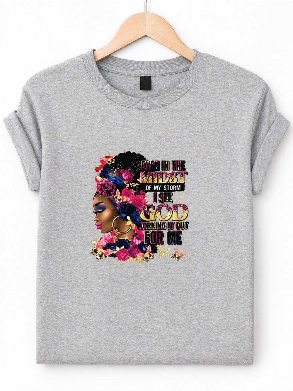 Graphic Tee with Floral Afro Woman and Faith Message - Gray